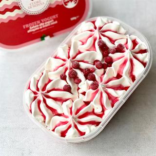 Итальянское мороженое со вкусом свежего йогурта с топпингом из красных фруктов (17%), украшено ягодами красной смородины